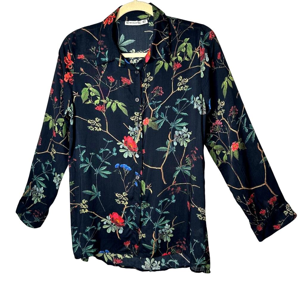 H&K Collection Botanical Floral Black Pink Blue Green Button Up Lightweight Top